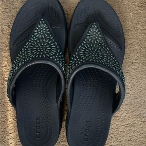 CROCS Black and Teal Comfort Slides